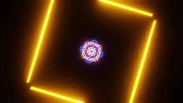 在一个闪烁着蓝色和黄色荧光灯的隧道里飞行 环路动画 — 图库视频影像