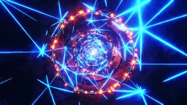 Flying through a neon tunnel with rings. Infinitely looped animation.