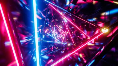 Flying into rotation triangle digital tunnel, 3D rendering illustration.