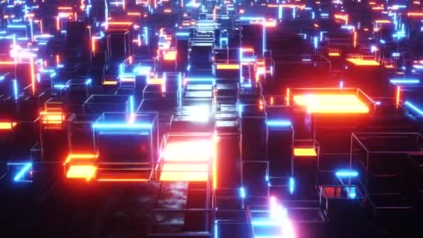 Enorme Abstracte Digitale Stad Met Oranje Blauwe Lichten Oneindig Lussen — Stockvideo