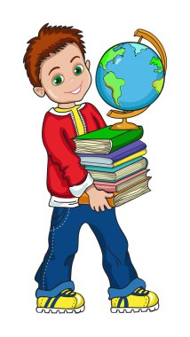 erkek öğrenci kitap ve dünya ile gösteren resim