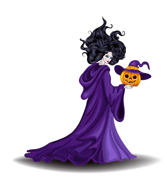 Hermosa bruja con calabaza en el día de Halloween — Archivo Imágenes Vectoriales