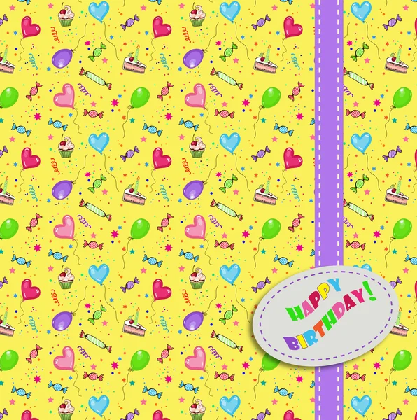 Bezešvé strany vzor složený z barevné balónky, hvězdy, dorty a dárky — Stockový vektor