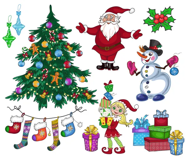Set von bunten Weihnachtsfiguren und Dekorationen — Stockvektor