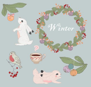 Kış Noel simgeleri, elementler ve çizimler dizisi