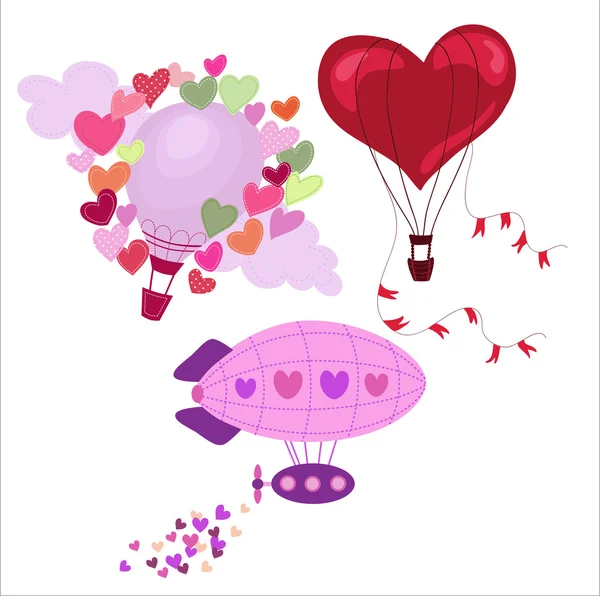 Valentinstag-Grußkarten mit Heißluftballons. — Stockvektor