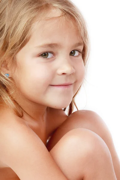 Portrait of smiling cute little blond girl with green eyes — Stock Photo, Image