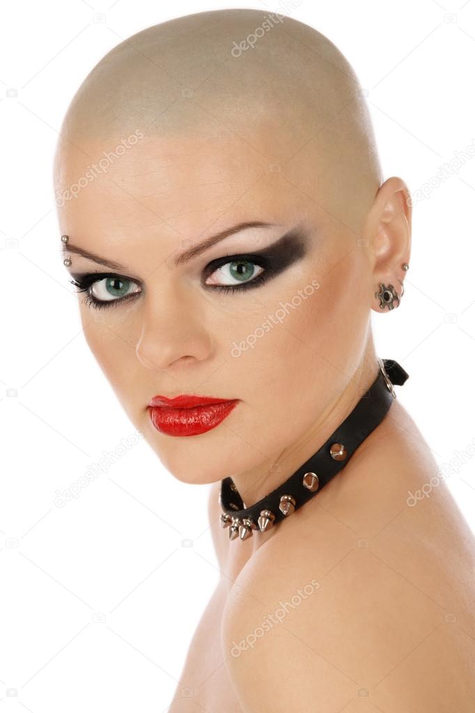 Skinhead woman with collar