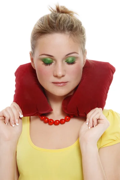 Girl with headrest pillow — Stock Photo, Image