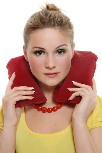 Girl with headrest pillow — Stock Photo, Image