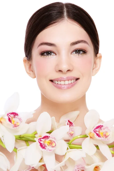 Girl with white orchid — Stock Photo, Image