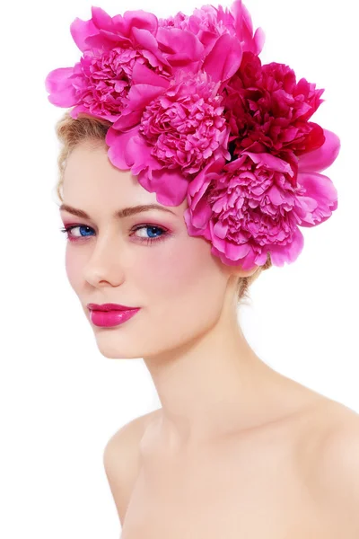 Girl with peonies — Stock Photo, Image