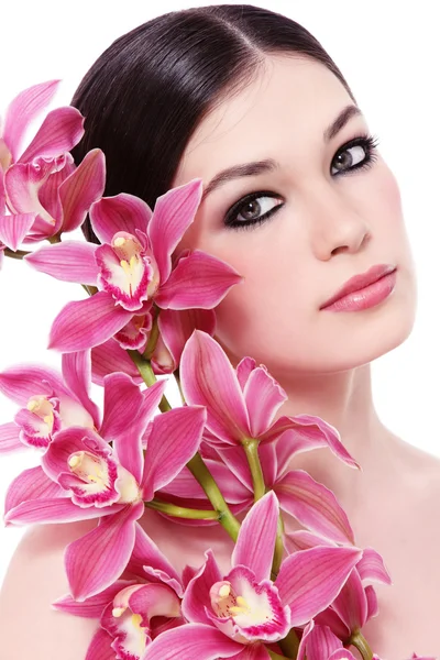 Girl with white orchid — Stock Photo, Image