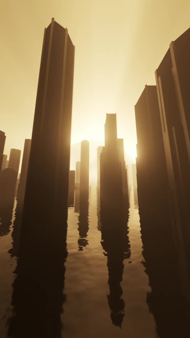 Surreal Looping Cityscape Water Eclipsed Hazy Fog Vertical Video Background — Vídeo de Stock
