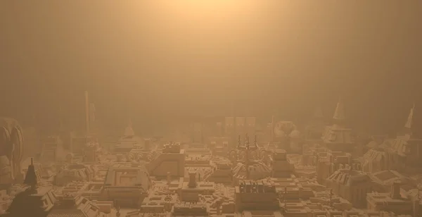 A stylized dystopian desert city landscape in a foggy haze.
