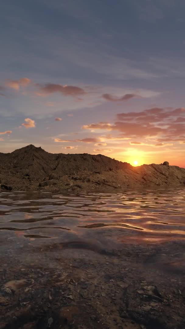 Vertical Rocky Desert Rendered Terrain Landscape Looping Clear Water Sunset — Stok video