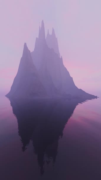 Vertical Purple Hazy Rendered Rocky Island Landscape Looping Calm Water — Stockvideo