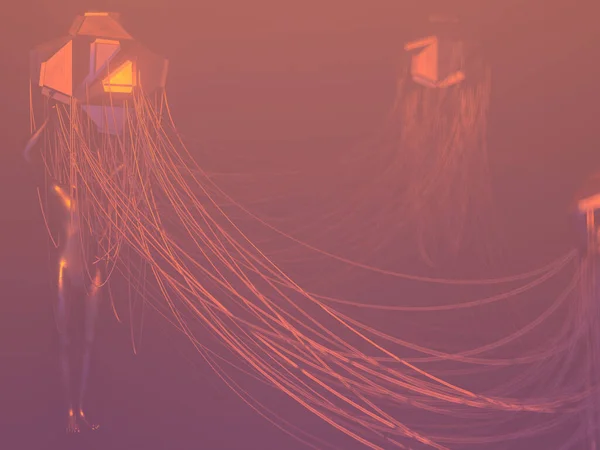 Cyberpunk themed abstract 3D rendered illustration of statues holding up wired network pods in warm orange haze outer space