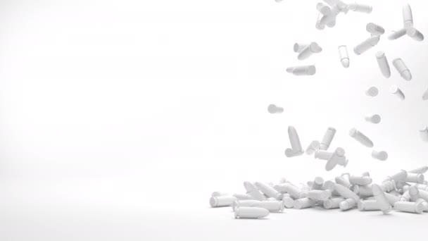 Stark White Rendered 9Mm Shell Casings Falling Floor Pile — Stock Video