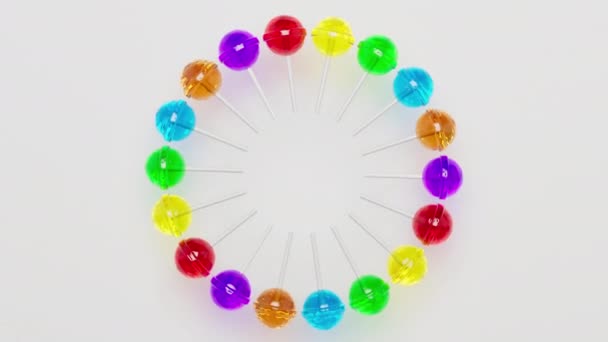 Kleurrijke Looping Pinwheel Van Rendered Veelkleurige Lollipops Witte Achtergrond — Stockvideo
