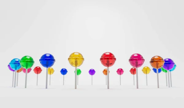 Many Rendered Multicolored Lollypops Standing Upright Circular Pattern White Background — Zdjęcie stockowe