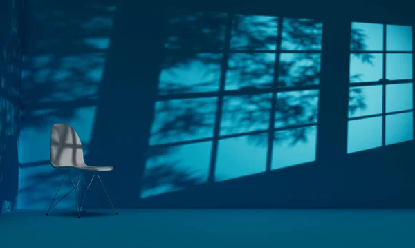 Modern 3D Illustration of single chair in empty blue room with shadows cast from windows and trees.