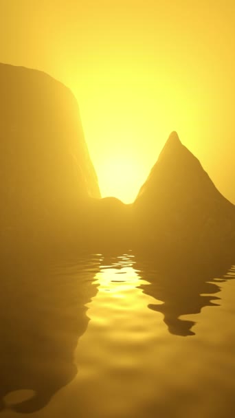Vertical Golden Hazy Renderizado Silhouetted Rocky Island Paisagem Com Looping — Vídeo de Stock