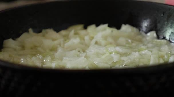 Friggere le cipolle in una padella con olio. — Video Stock