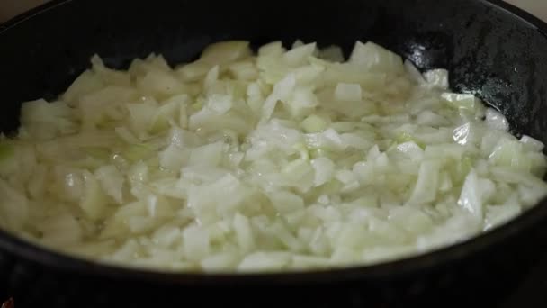 Zwiebeln in einer Pfanne mit Öl anbraten. — Stockvideo