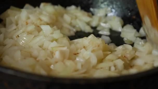 Обсмажувати цибулю на сковороді з олією. Перемішати цибулю в сковороді з дерев'яним шпателем . — стокове відео