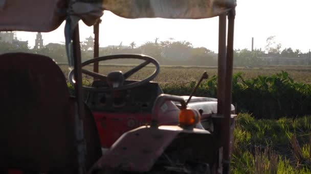 Traktor stojí při západu slunce na rýžovém poli. Ekologické zemědělství. Zemědělství a zemědělství Stock Záběr