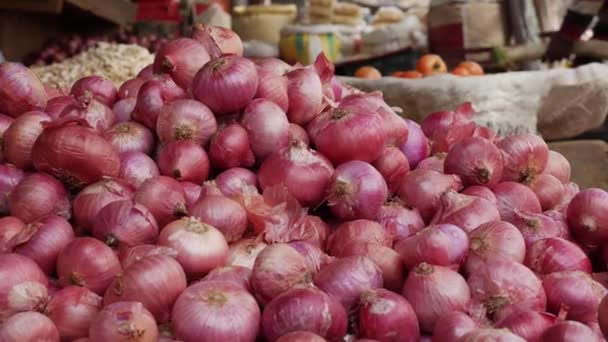 Beaucoup d'oignons rouges biologiques à vendre sur le marché des légumes. Vendre des légumes. Oignon frais au stand des marchands de légumes. — Video
