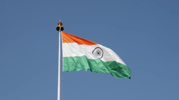 Государственный флаг Индии развевается по ветру. Индийский флаг на флагштоке, голубое небо на заднем плане. Лицензионные Стоковые Видеоролики