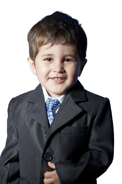 Bambino vestito uomo d'affari con faccia divertente — Foto Stock