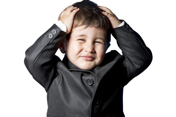 Criança homem de negócios vestido com cara engraçada — Fotografia de Stock