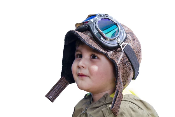Niño soñando con convertirse en un piloto con un uniforme de estilo antiguo —  Fotos de Stock