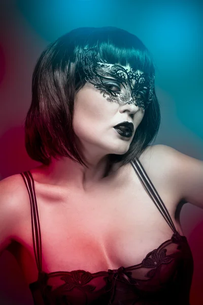 Lingerie woman, beautiful young in a black mysterious venetian m — Stock Photo, Image