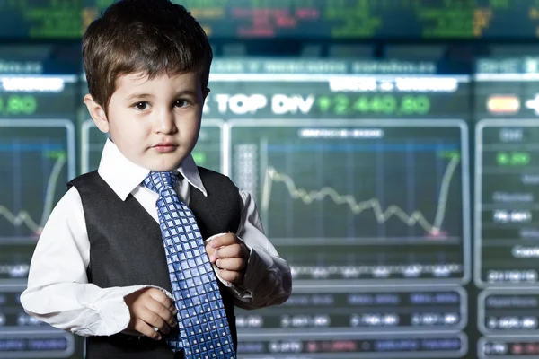 儿童穿的商人与搞笑的表情。股票市场 — 图库照片