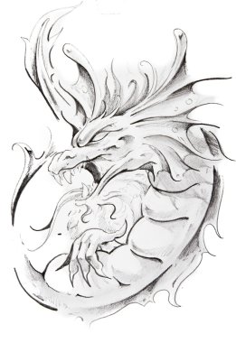 Ortaçağ dragon, el yapımı dövme kroki