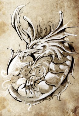 dövme sanatı, Orta Çağ dragon, vintage tarzı kroki