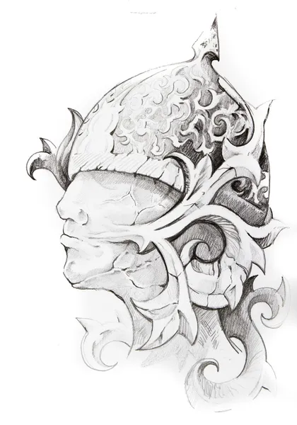 Tattoo sketch of warrior head, hand made — Stock Photo, Image