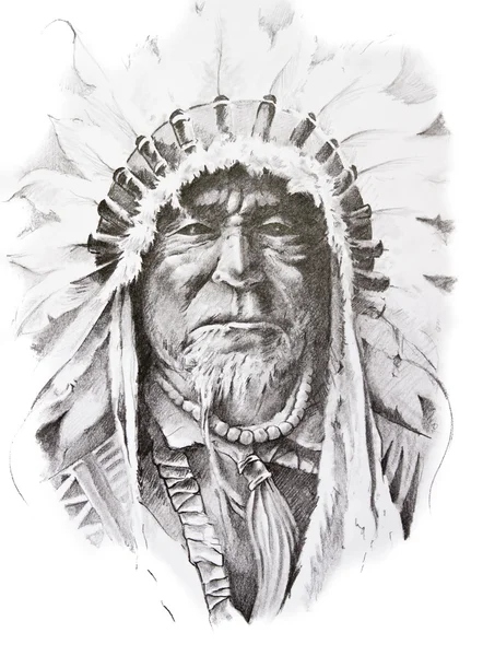 Bosquejo del tatuaje del jefe indio nativo americano, hecho a mano — Foto de Stock