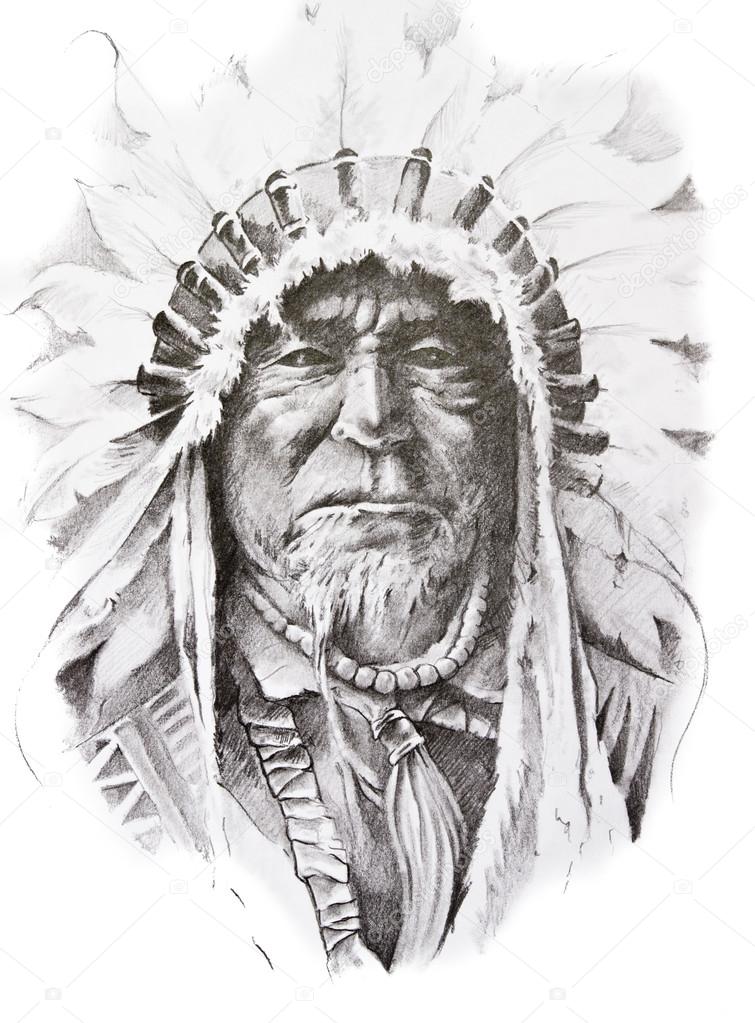 Tattoo sketch of Native American Indian chief, hand made
