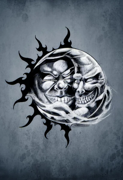 Sketch of tattoo art, sun and moon — Stock Photo, Image