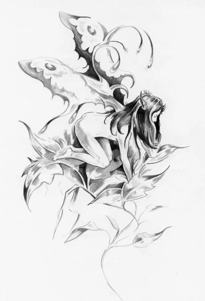 Sketch of tattoo art, fairy, fantasy illustration — Stock Photo, Image