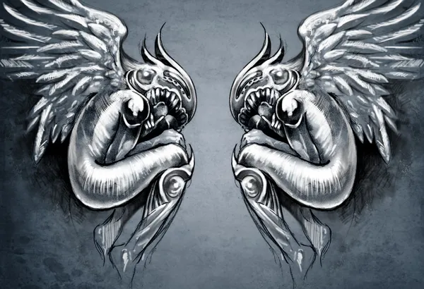 Desenho da arte da tatuagem, dois anjos, conceito de fantasia — Fotografia de Stock