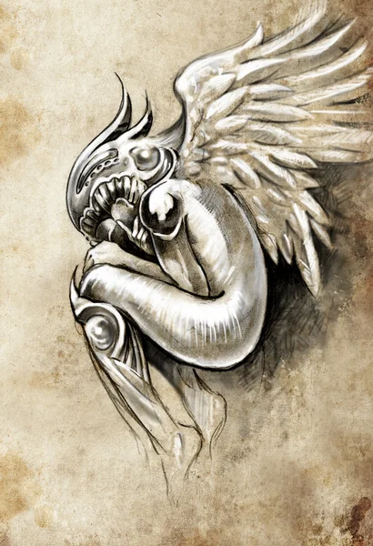 Szkic sztuka tatuaż, niebie anioła ze skrzydłami — Zdjęcie stockowe