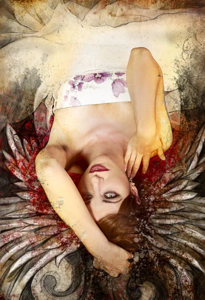 Mixed media, beautiful woman with red hair with wings, art illus — Stock Photo, Image