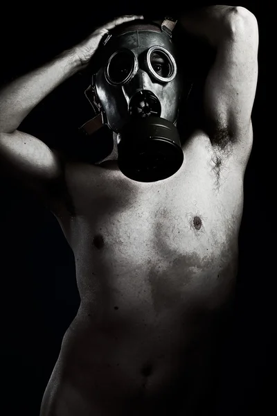 Juste, Panique, Grunge portrait homme en masque à gaz — Photo