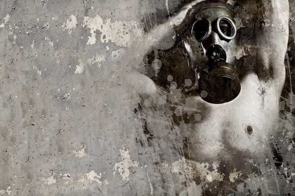 Artistieke illustratie over roestig muur, man met gas masker — Stockfoto